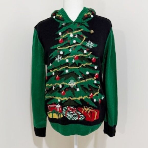 Ugly Christmas Sweater Christmas Tree Long Sleeve Hooded Star Jingle Bell Size M - Picture 1 of 6